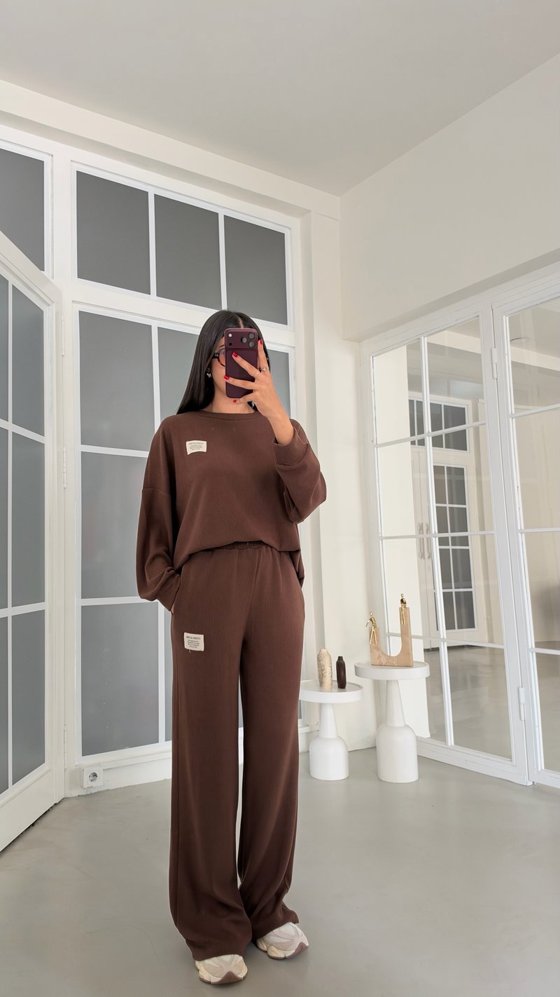 Kahve Kazak Beli Lastikli Pantolon İkili  Fitilli Triko Kumaş Takım GAUS-02300