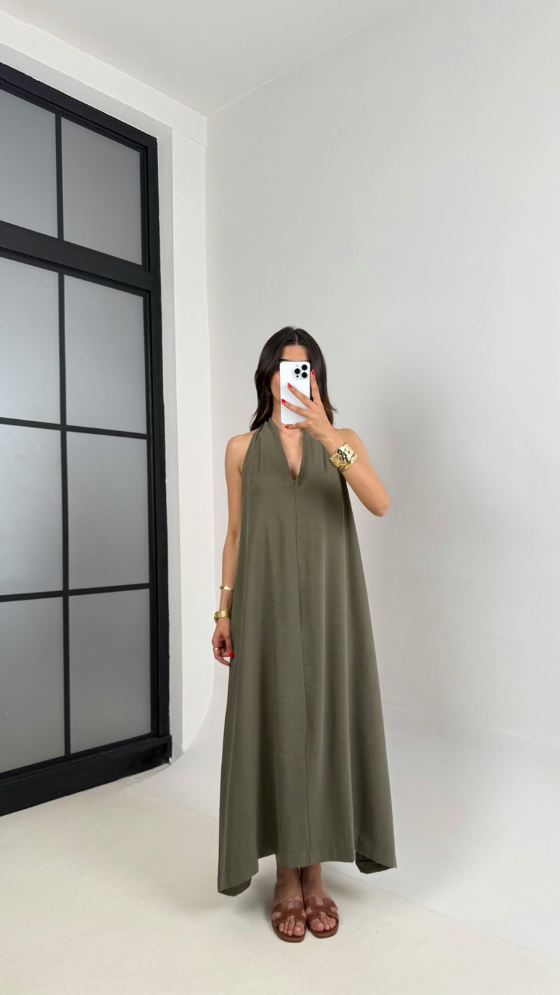 Haki V Yaka Sırt Detaylı Premium Tencel Elbise Gaus00481 