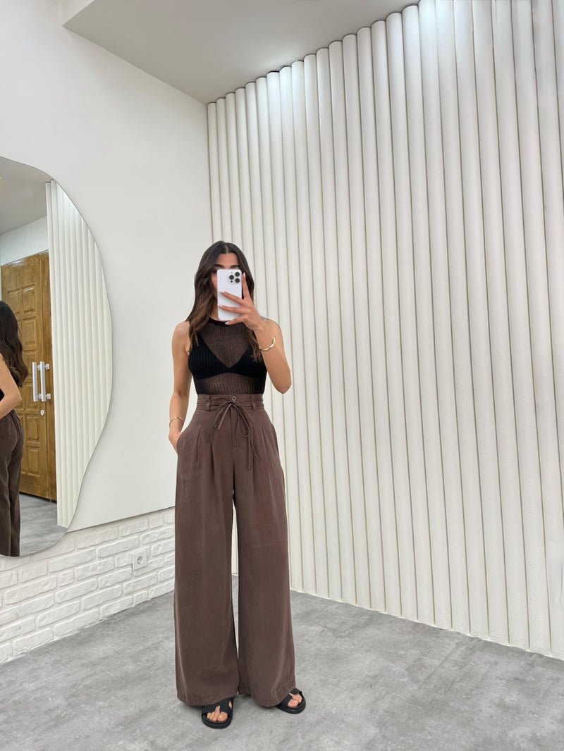Kahve Çift Kuşaklı Tensel Kırışık Kumaş Palazzo Pantolon Gaus00302