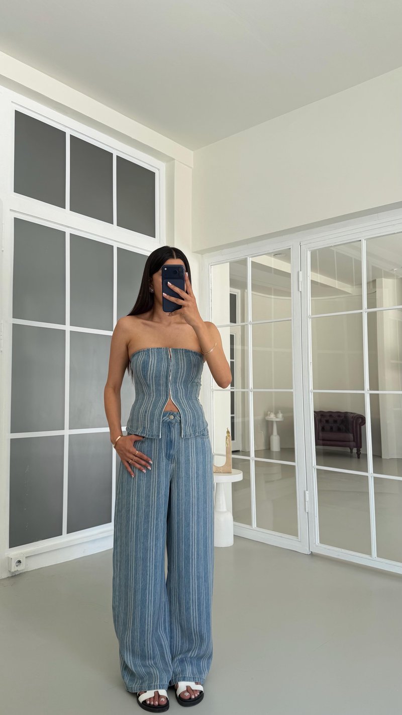Mavi Bustiyer Palazzo Pantolon Çizgili Denim Takım GAUS-01686