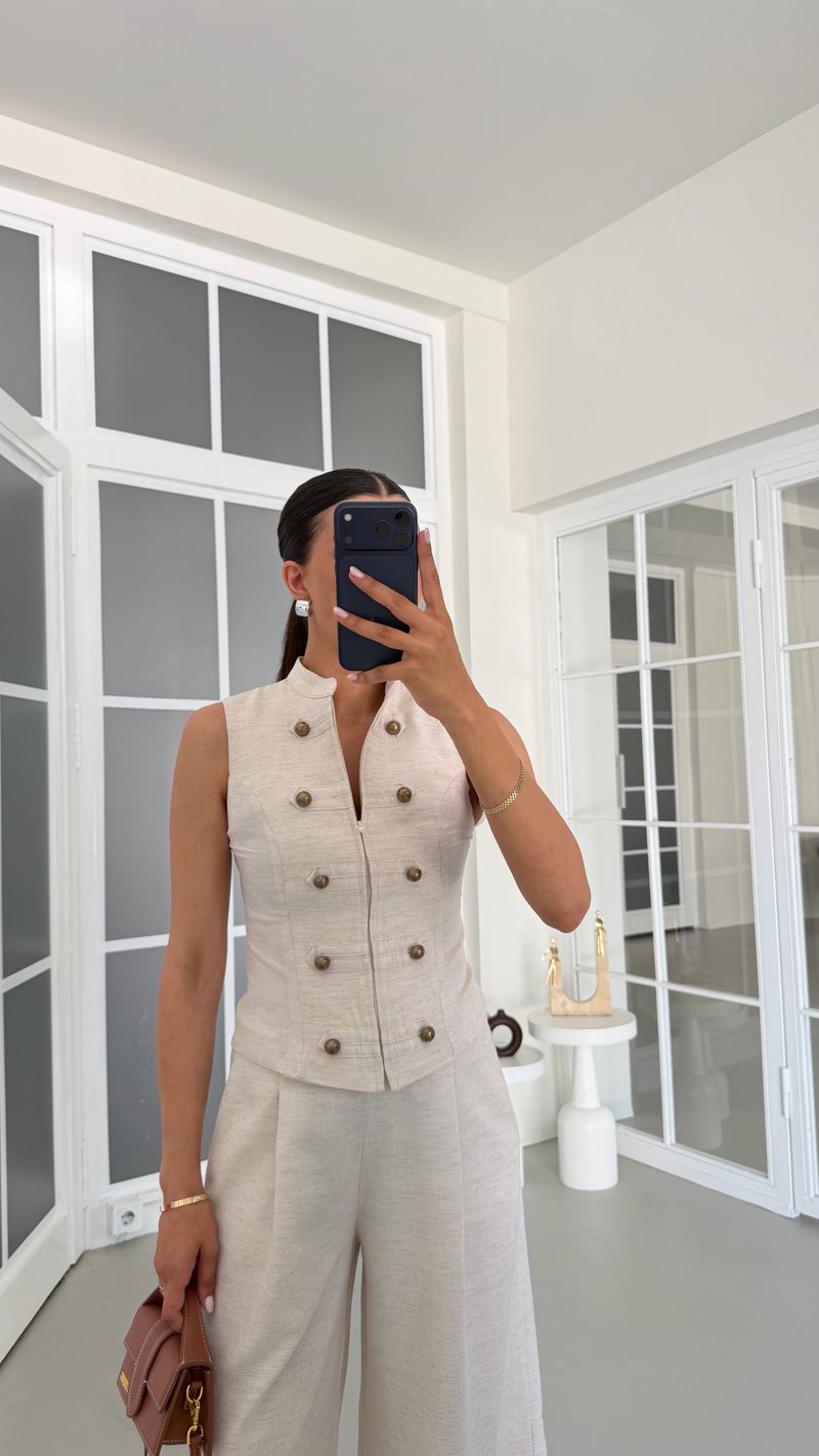 Taş Düğme Detaylı Ceket Pantolon İkili Keten Takım GAUS-01739