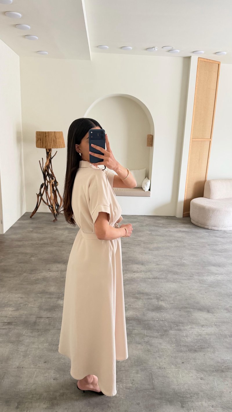 Taş Polo Yaka Kuşaklı Tencel Kumaş Elbise GAUS-01429
