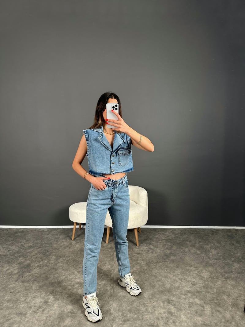 Amio Mavi Yelekli Denim Takım 