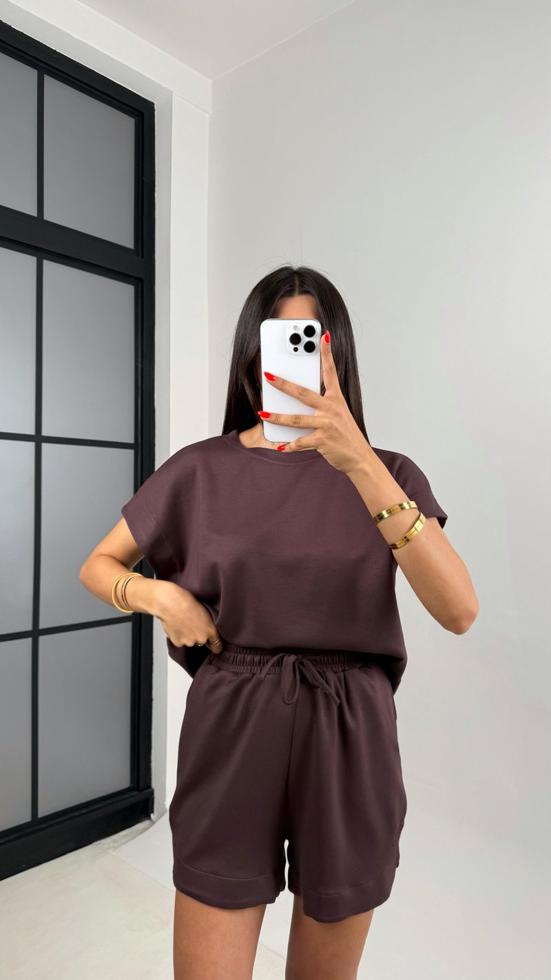 Acı Kahve Tshirt Şort İkili Modal Kumaş Takım Gaus00691