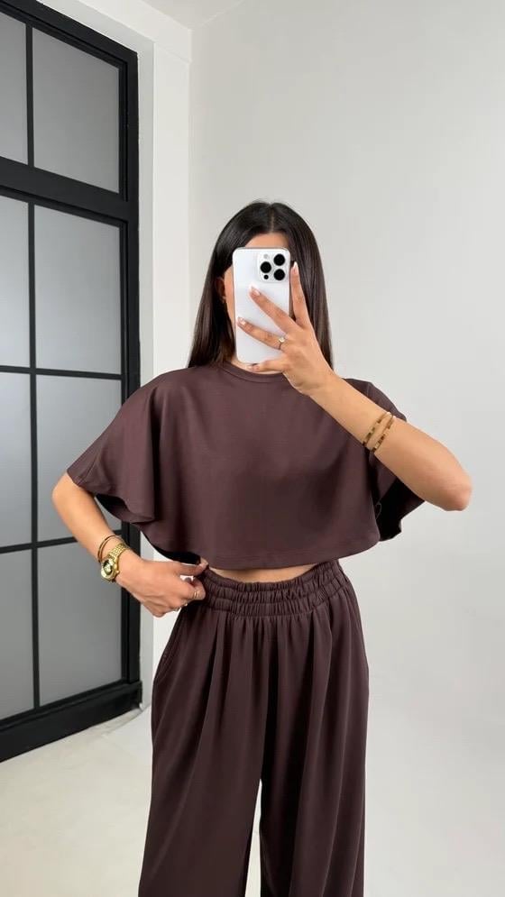 Kahve Crop Beli Lastikli Palazzo Eşofman İkili Modal Kumaş Takım GAUS-01219
