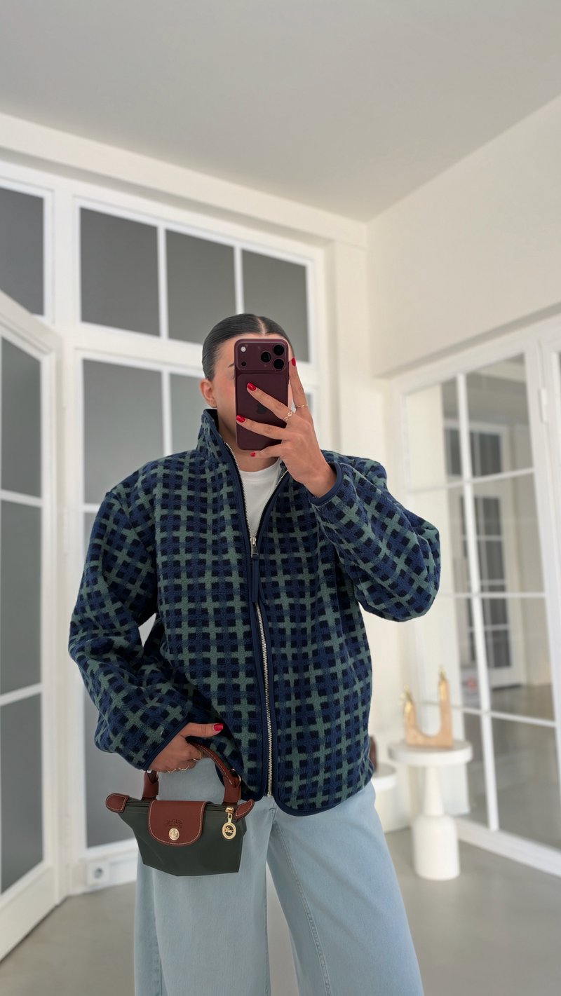 Çok Renkli Kareli  Fermuarlı Polar Sweatshirt GAUS-01916 GAUS-02323