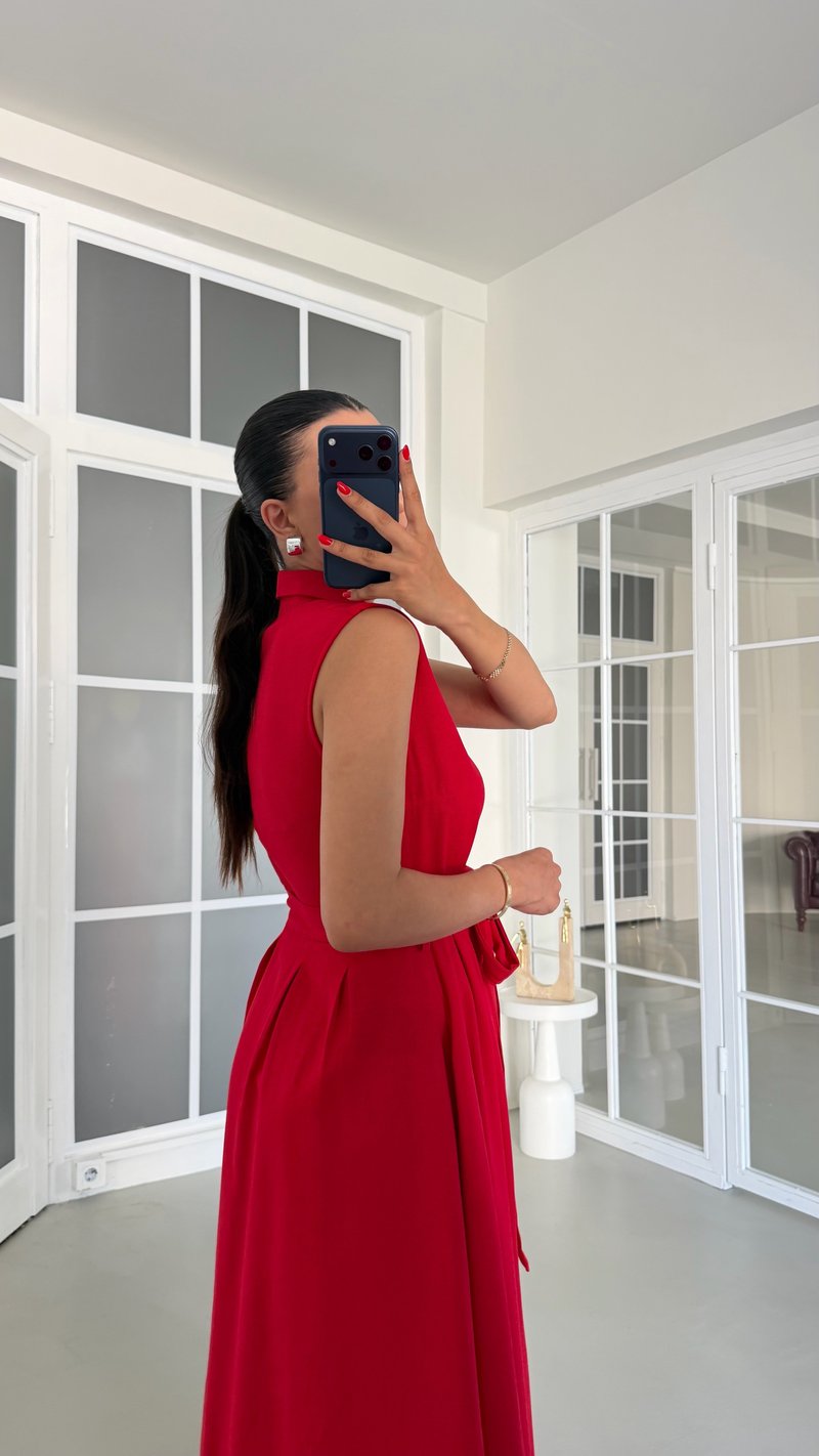 Kırmızı Sıfır Kol Kuşaklı Keten Elbise GAUS-01832