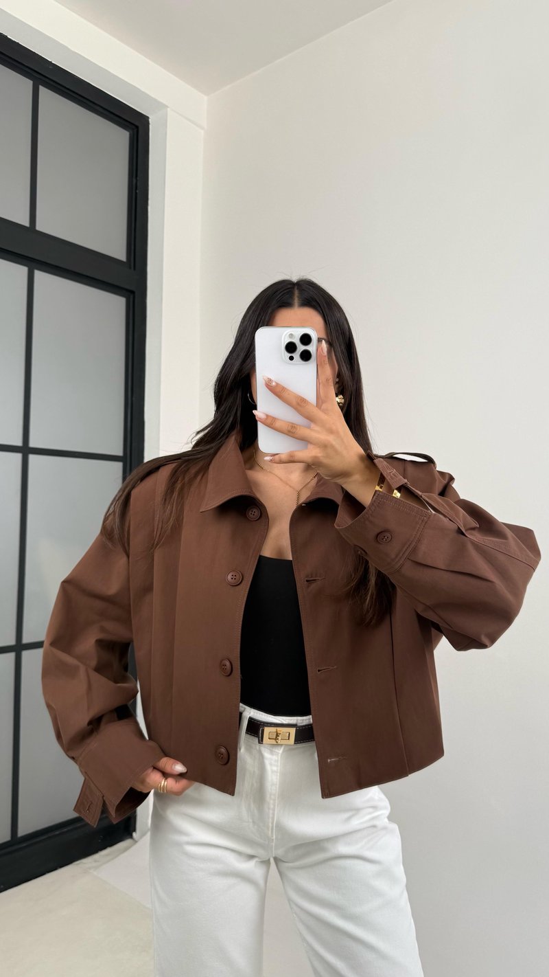 Kahve Pile Detaylı Astarlı Kısa Trençkot GAUS-0089