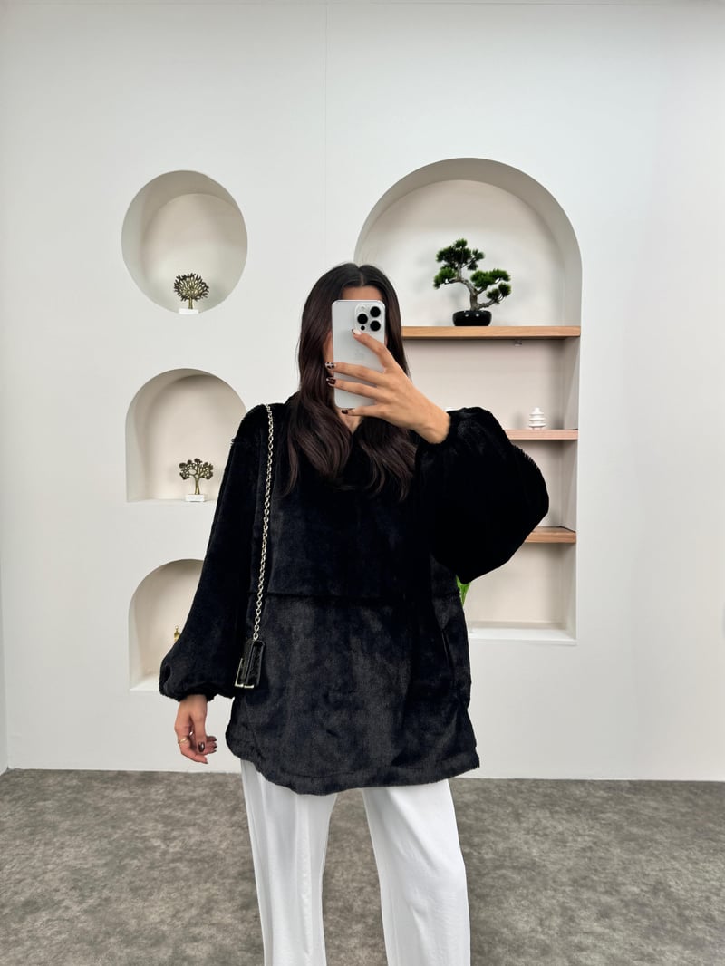 MD Siyah Peluş Oversize Kapüşonlu Sweatshirt