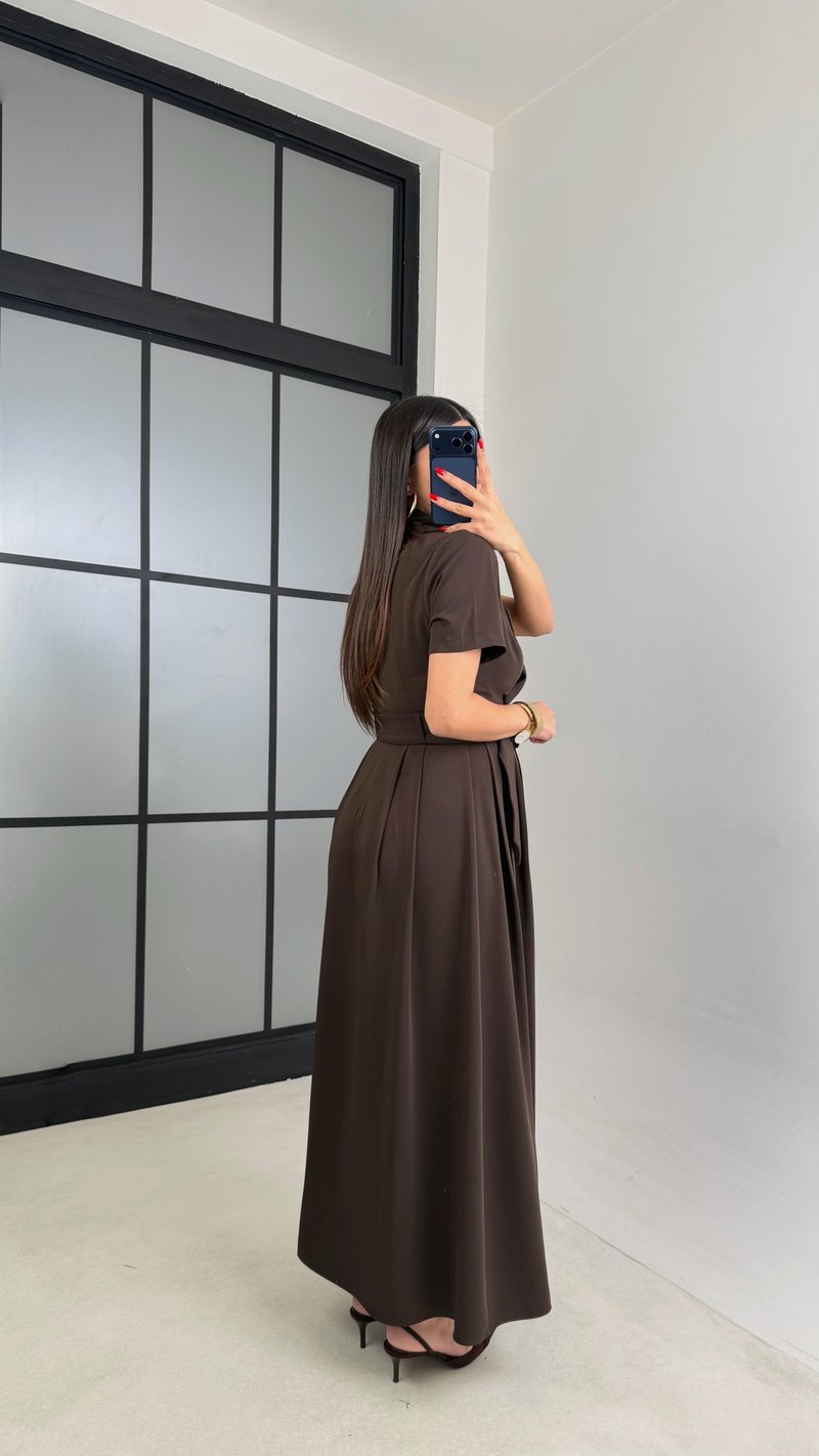 Acı Kahve Gold Toka Kuşaklı Krep Kumaş Uzun Elbise GAUS-00974