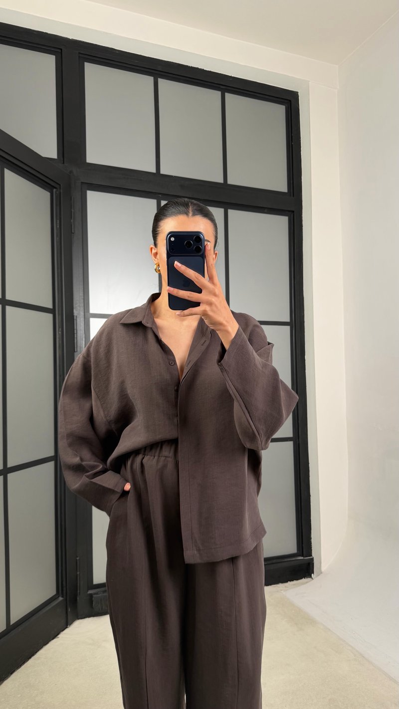 Acı Kahve Gömlek Beli Lastikli Pantolon Premium Tencel Kumaş Takım GAUS-01525