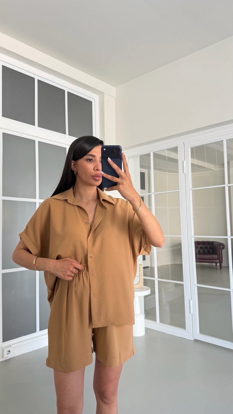Camel Gömlek Beli Lastikli Şort Basic Takım GAUS-01721