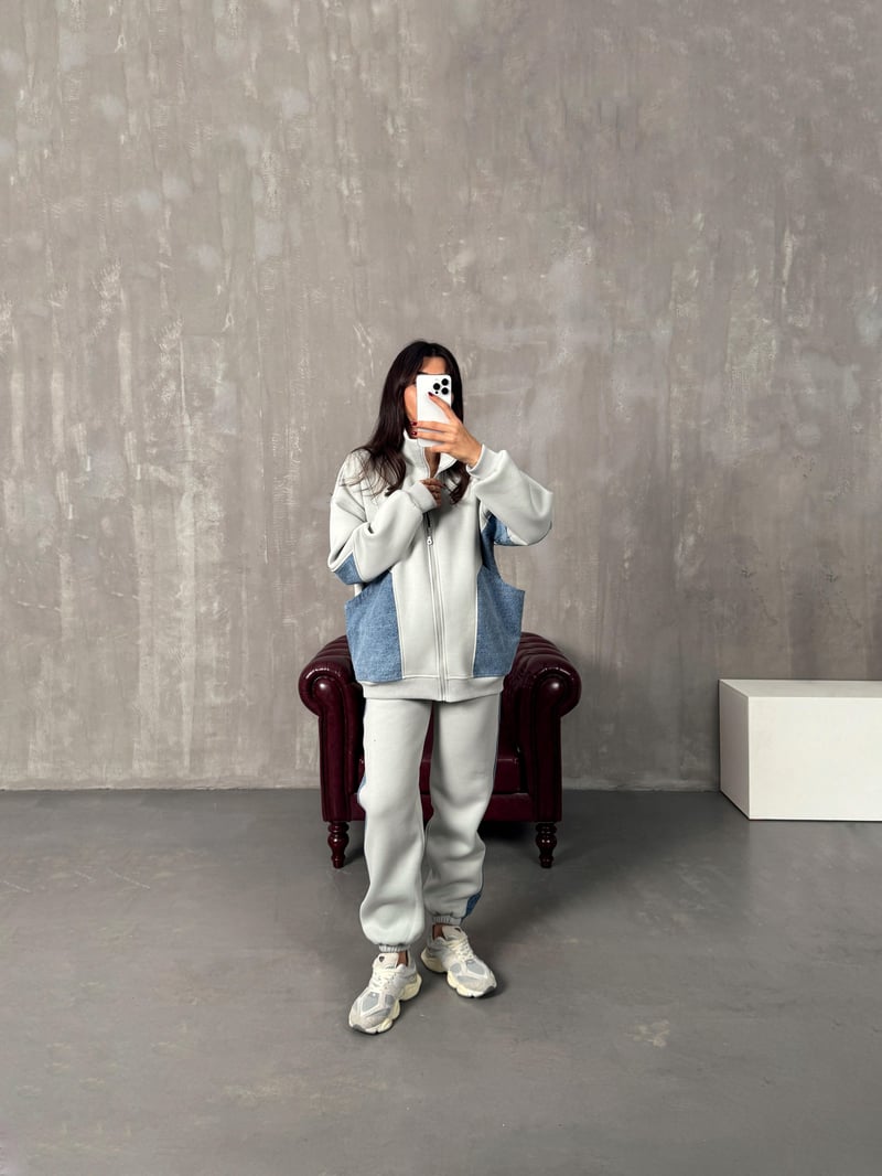 Lome Gri Denim Karışımlı Şardonlu Oversize Takım