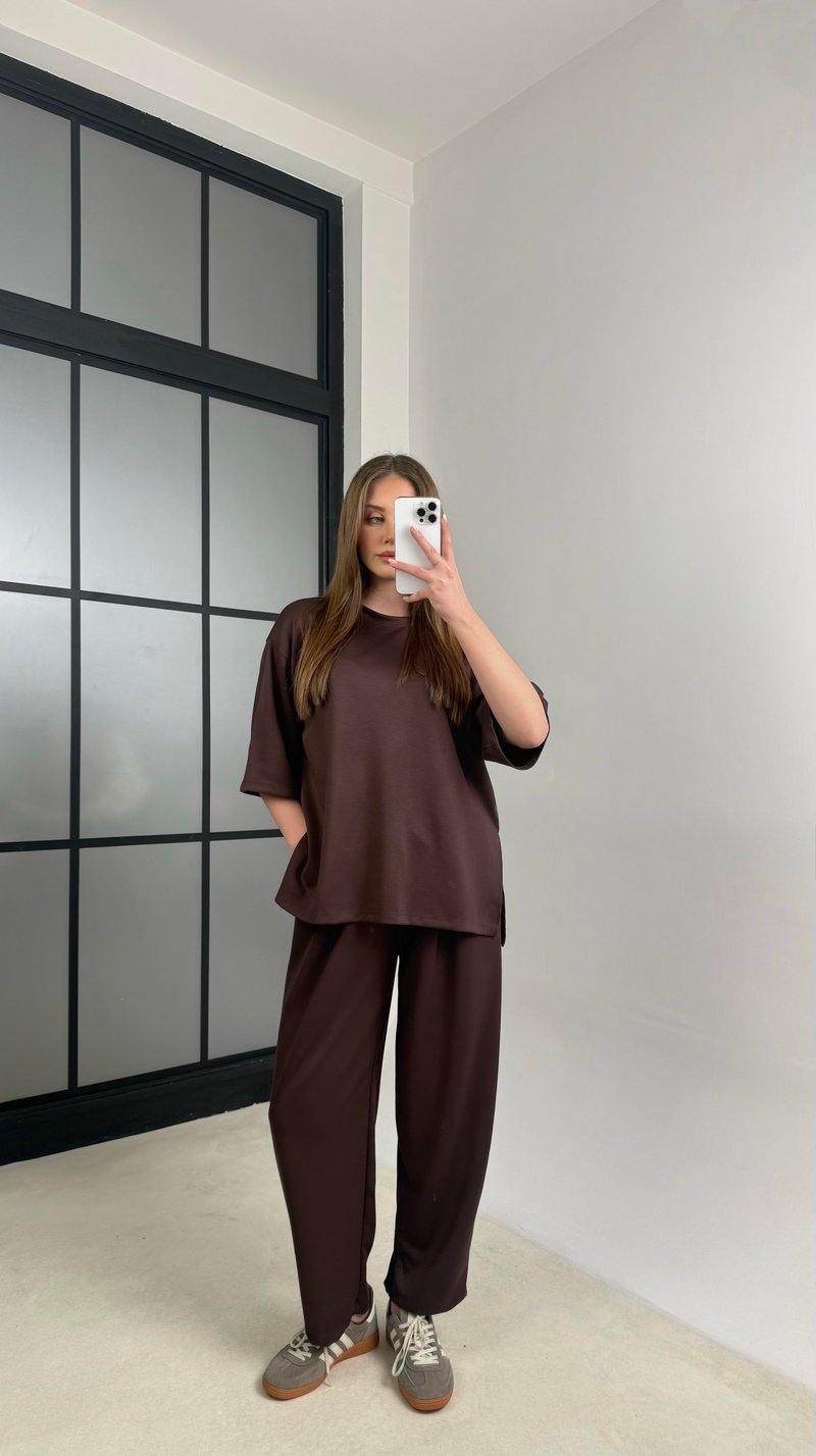 Kahve Bluz Beli Lastikli Pantolon Modal Kumaş Basic Takım GAUS-01132