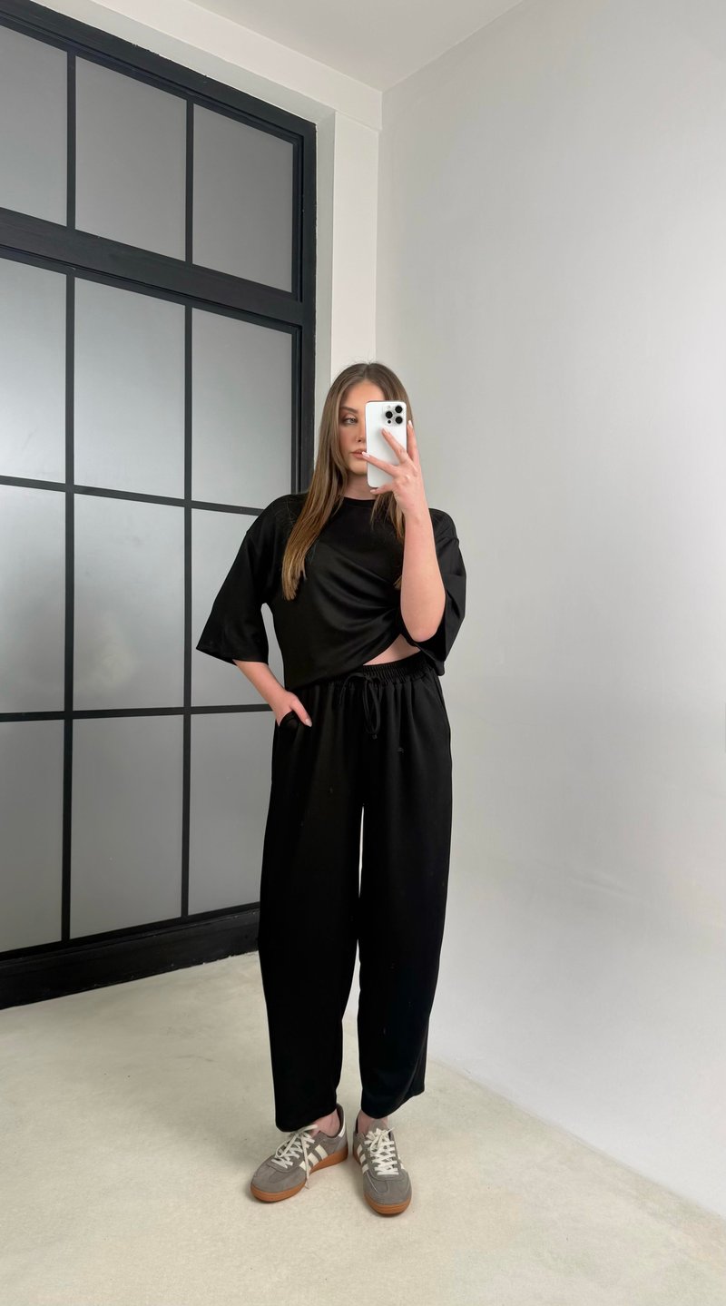Siyah Bluz Beli Lastikli Pantolon Modal Kumaş Basic Takım GAUS-01132