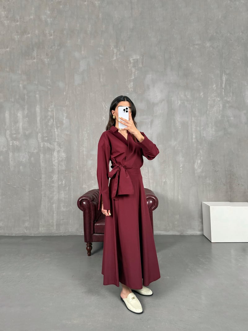 Burgundy Tie Shirt Skirt Set Gaus00114