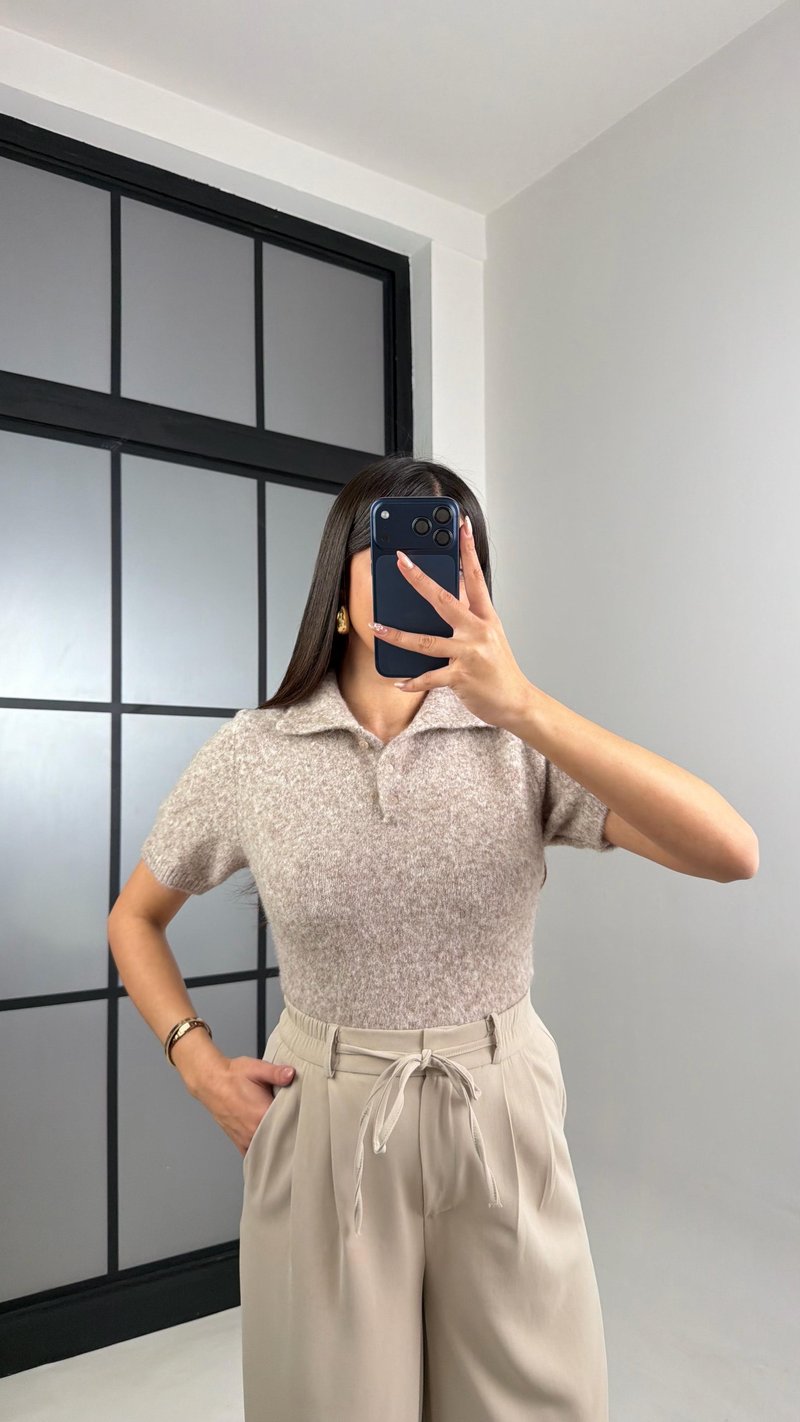 Bej Polo Yaka MD Muadil Yumuşak Dokulu Kazak GAUS-00864