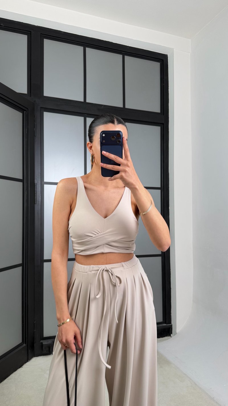 Bej OYS Model Pedli  Crop Beli Lastikli Pantolon İkili Takım GAUS-01441
