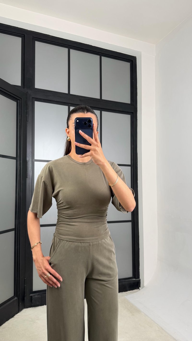 Haki Bluz Beli Lastikli Pantolon Modal Muadil Takım GAUS-01547