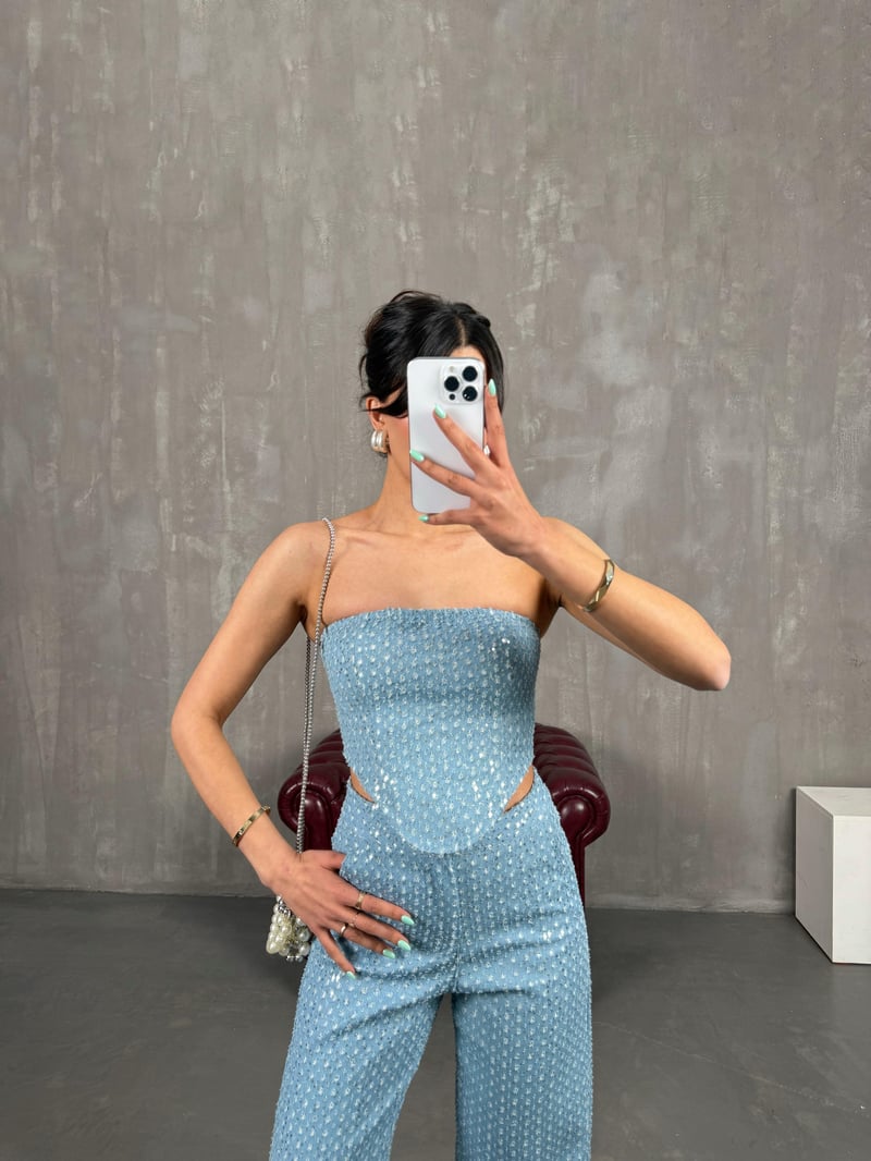 Mavi Pullu Parlak Korseli Denim Takım Gaus00241