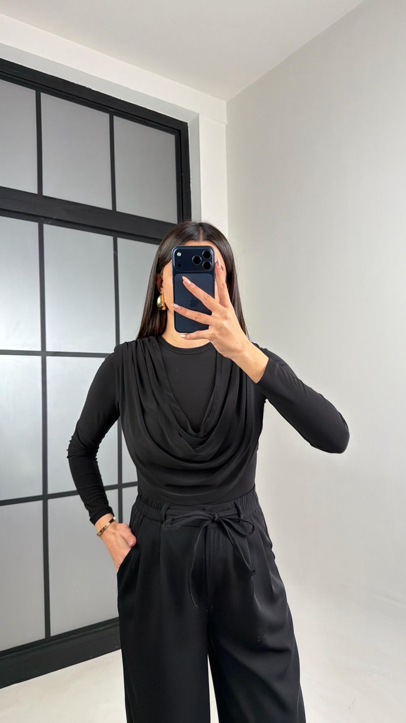 Siyah Beli Lastikli Kuşaklı İthal Kumaş Pantolon GAUS-00869