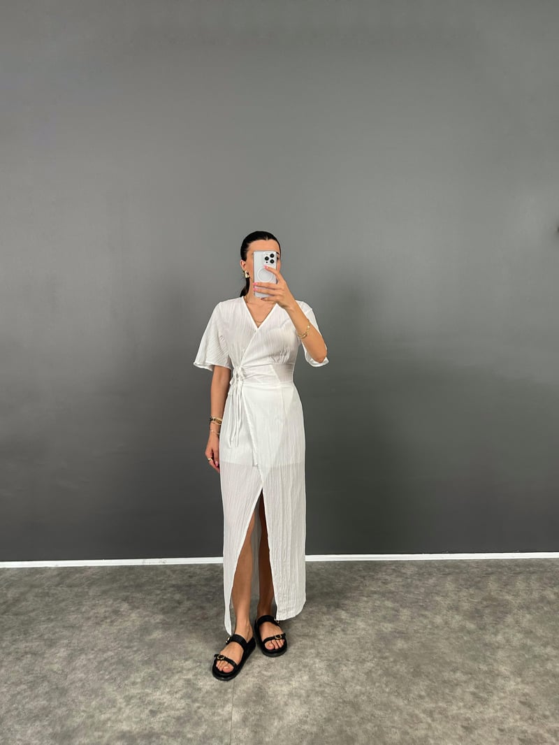 Nix White Lace-up Half Sleeve Lined Long Dress