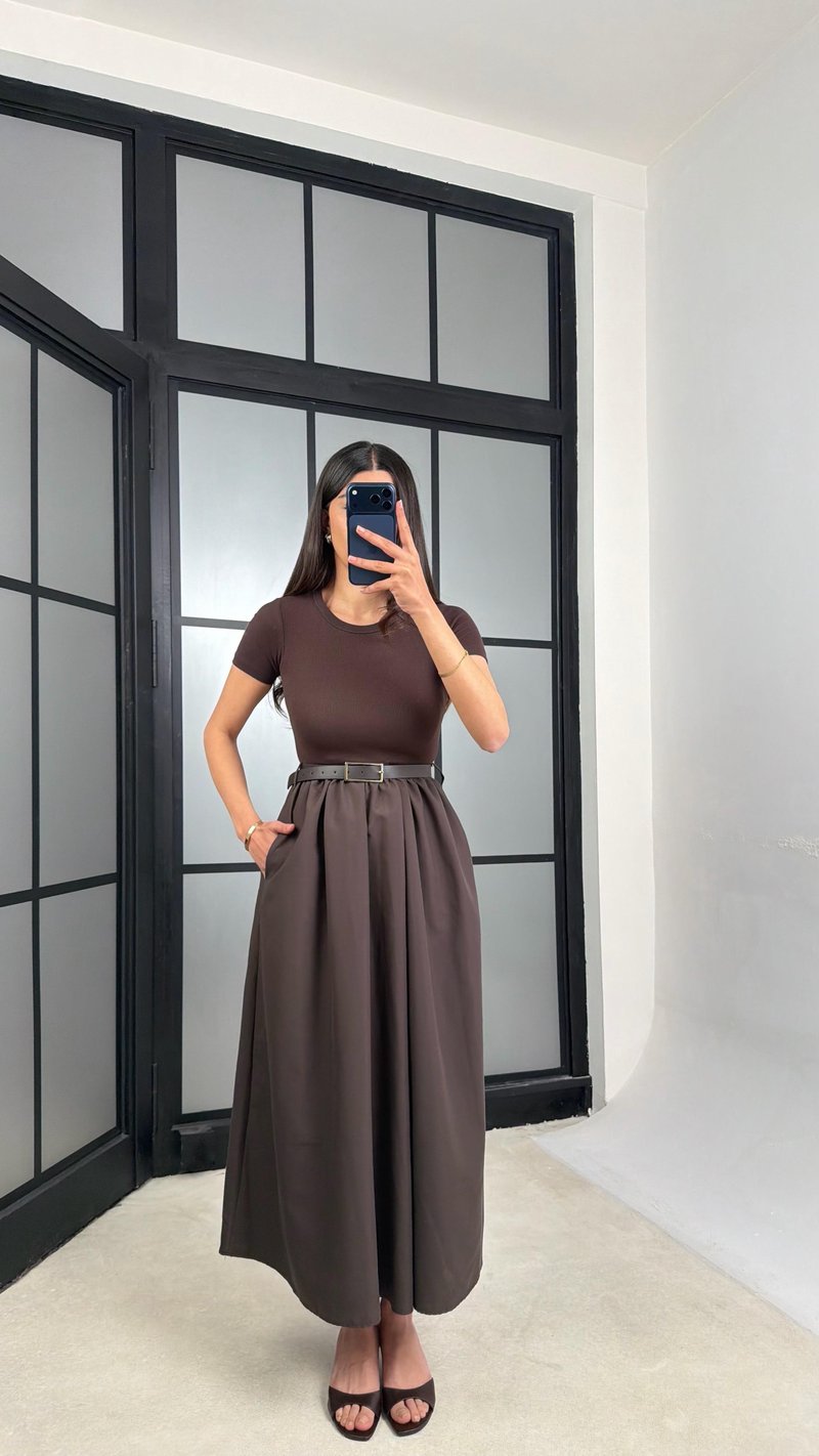 Acı Kahve Kısa Kol Beli Lastikli Kemerli Elbise GAUS-01246