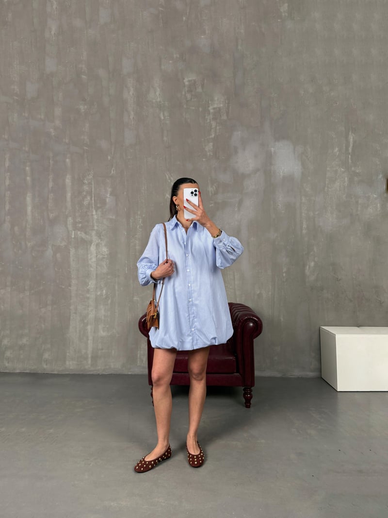 Polya Blue Lined Striped Poplin Design Dress