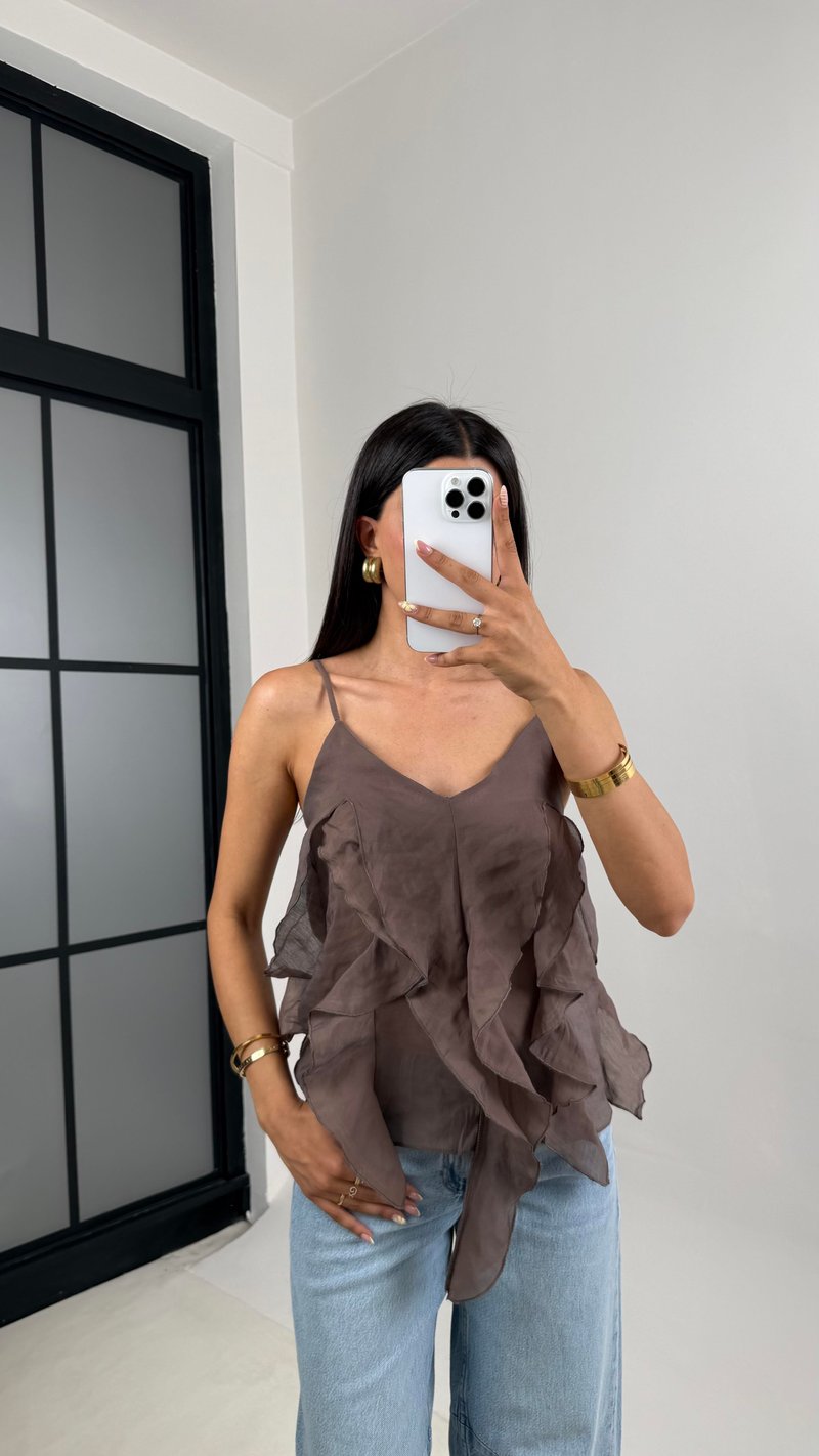 Kahve Ayarlanabilir Askılı MD Muadil Fırfır Detaylı Bluz Gaus00665