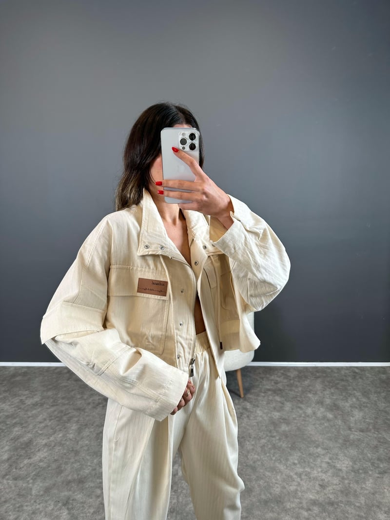 Gabardin Bej Baskılı Oversize Ceket 