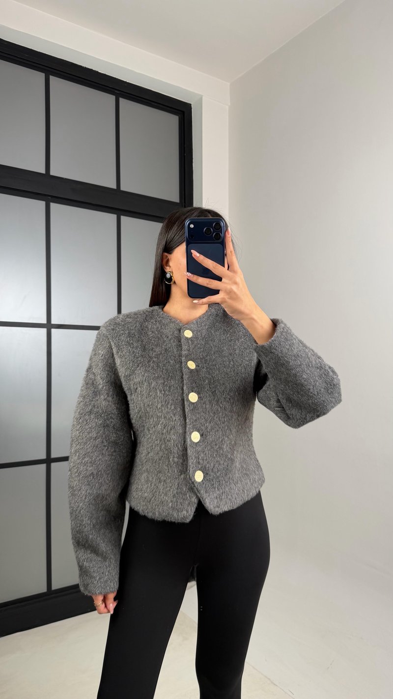 Antrasit Gold Düğmeli Belden Oturtma Kaşe Ceket GAUS-00849