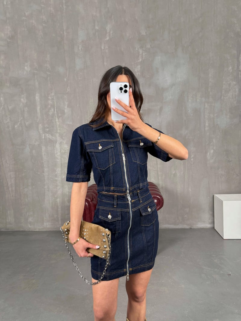 Lacivert Cepli Önü Fermuarlı Denim Etekli Takım Gaus00259