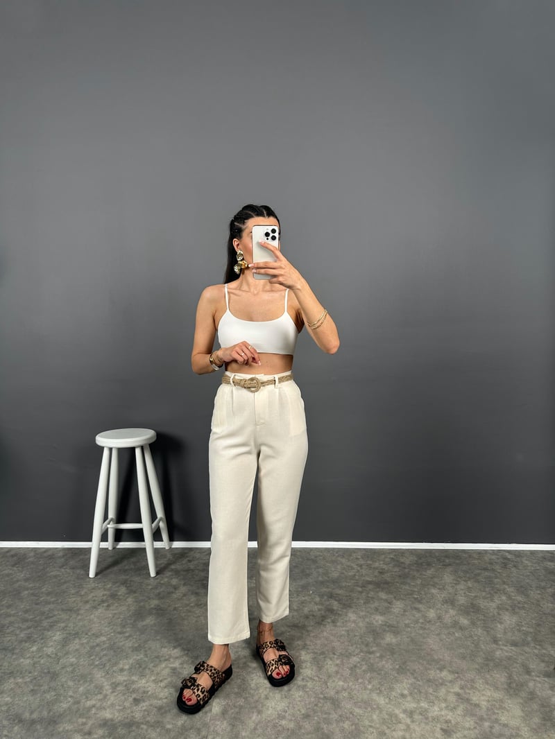 Elvin Taş Hasır Kemerli Beli Lastikli Pantolon 