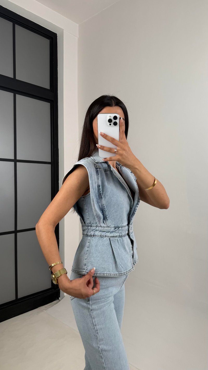 Mavi Düğmeli Denim Tasarım Yelek Gaus00602