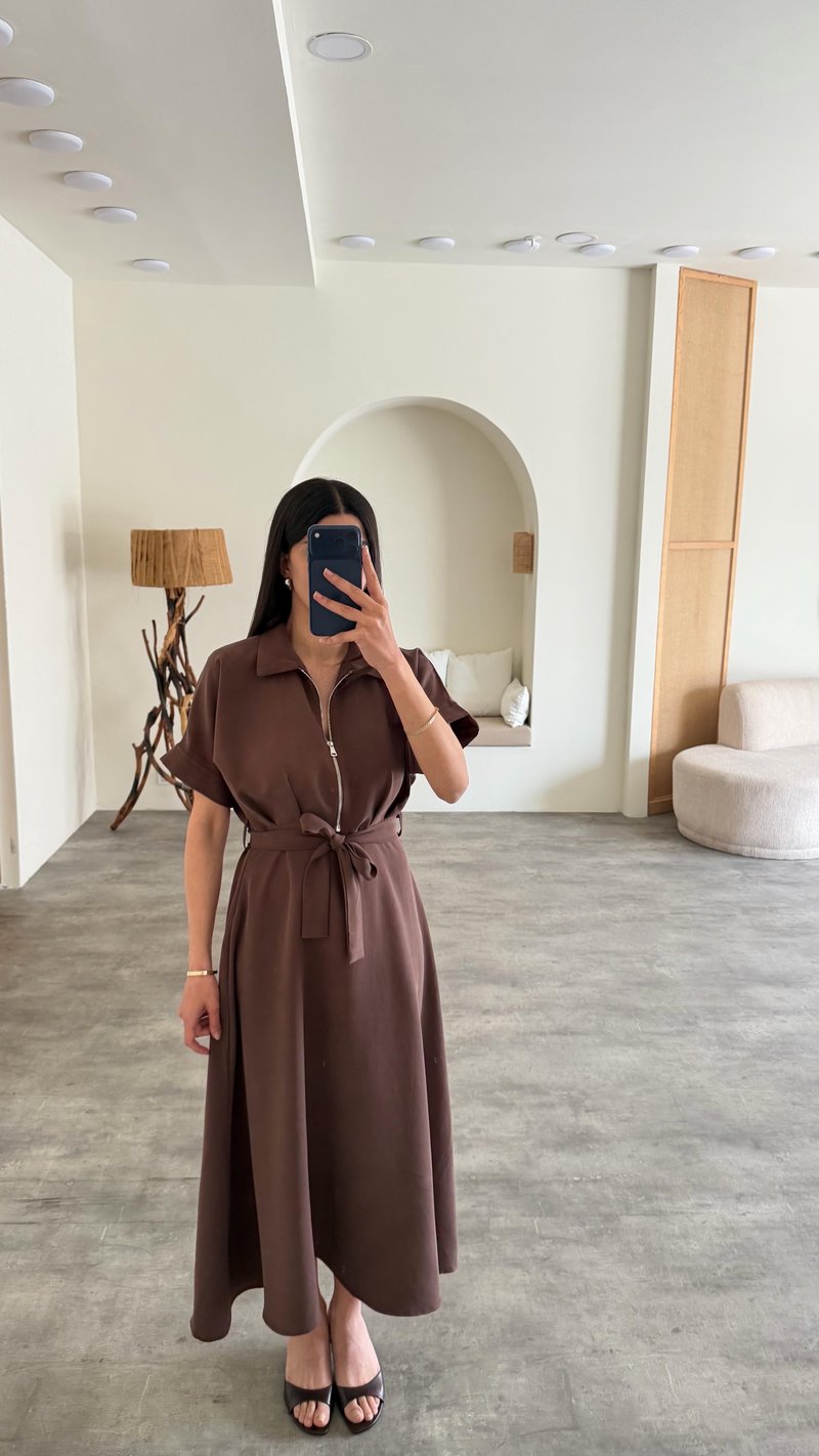 Kahve Polo Yaka Kuşaklı Tencel Kumaş Elbise GAUS-01429