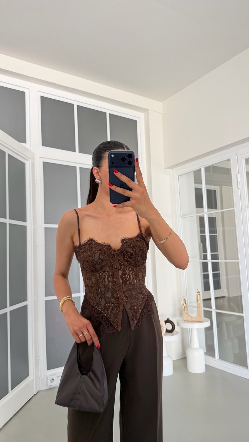 Kahve Dantelli Çıkarılabilir Askılı Korse Bluz GAUS-01860
