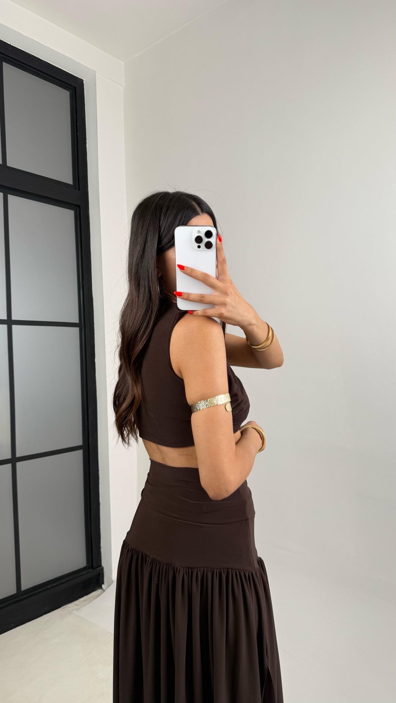 Kahve Sandy Kumaş Yırtmaçlı Etek Crop Takım GAUS-0049