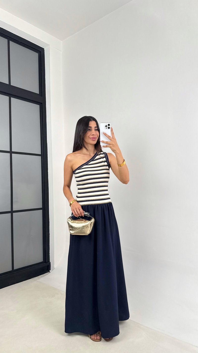 Lacivert Tek Omuz Gold Şerit Detaylı Triko Elbise GAUS-0069