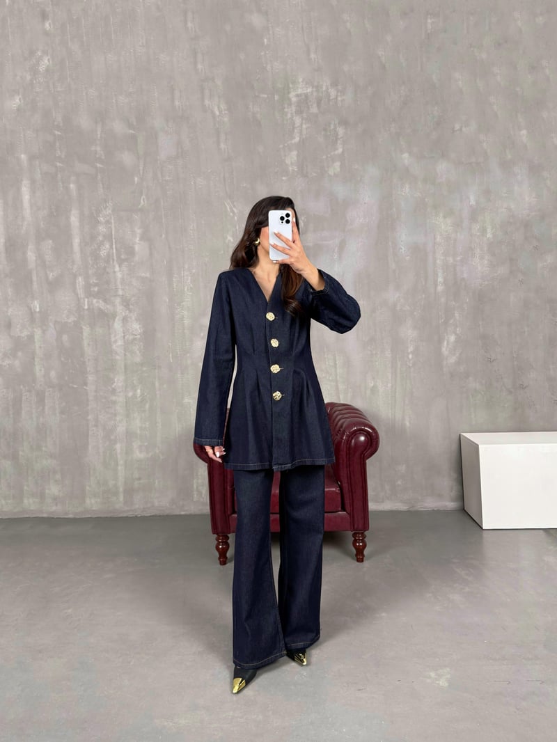 Lacivert Gold Düğmeli Belden Oturtmalı Üst Alt Denim Takım Gaus00038