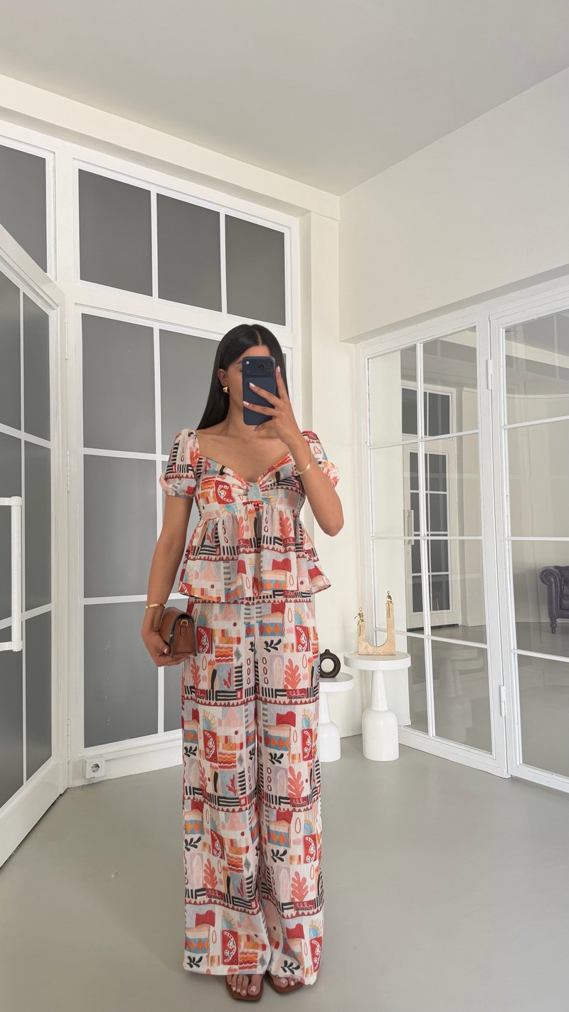 Çok Renkli Balon Kol Bluz Pantolon Desenli Keten Takım GAUS-01758