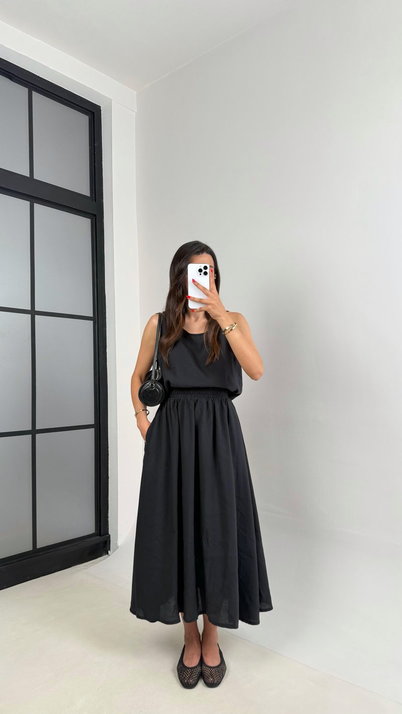 Siyah Bluz Beli Lastikli Etek İkili Kırışık Tencel Takım Gaus00522