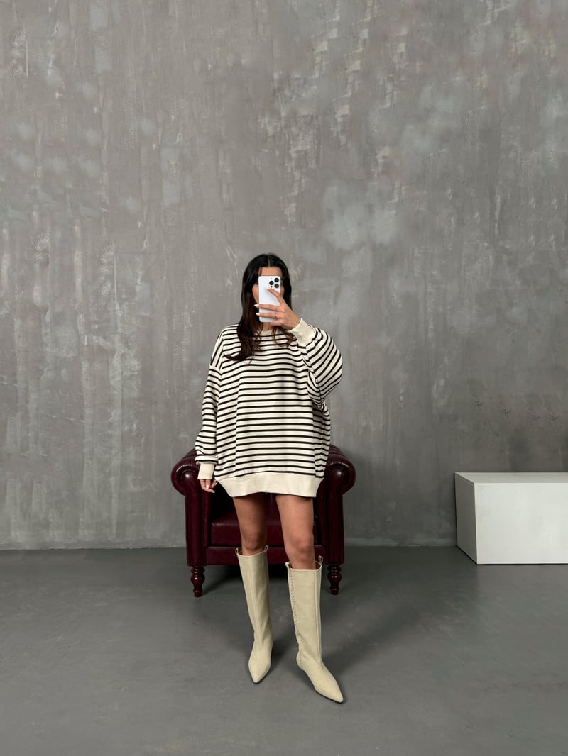 Felisya Kahve Çizgili Üç İplik Şardonlu Sweat