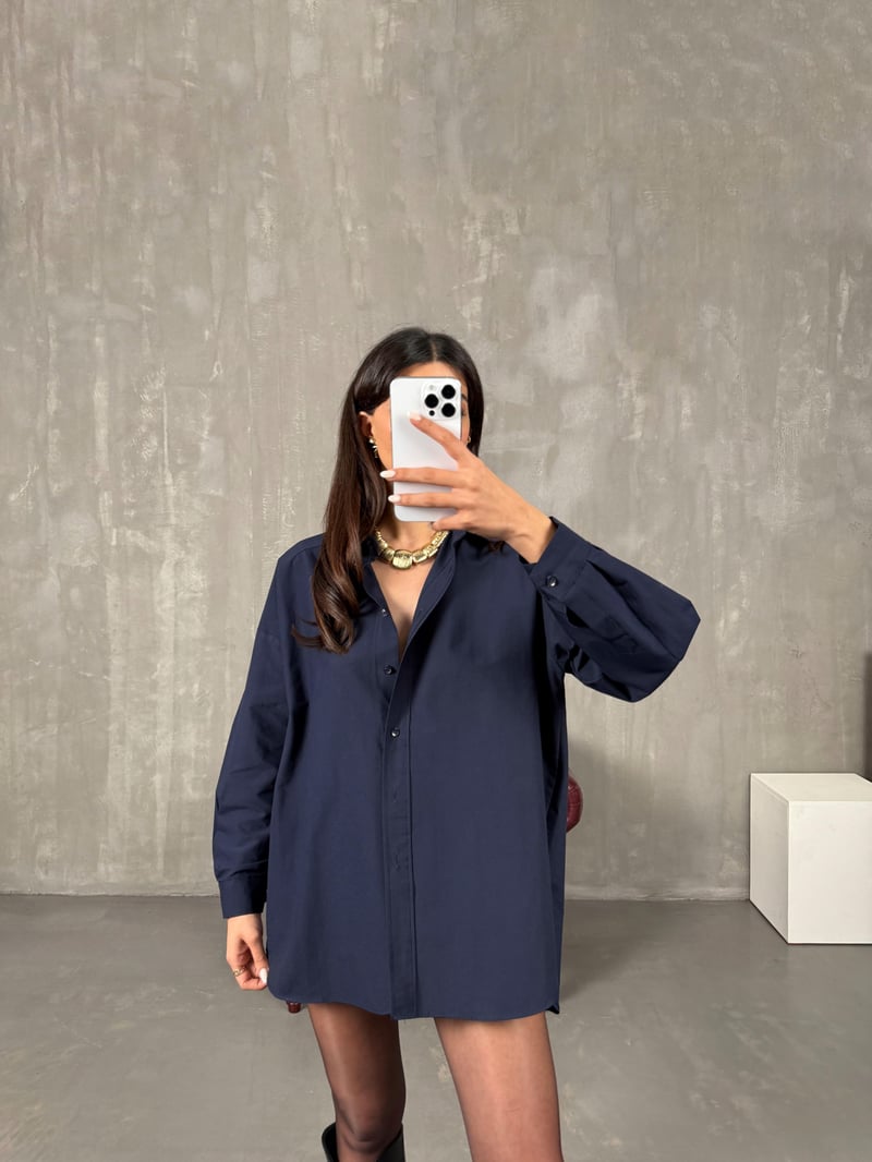 Zela Lacivert Pamuklu Oversize Gömlek