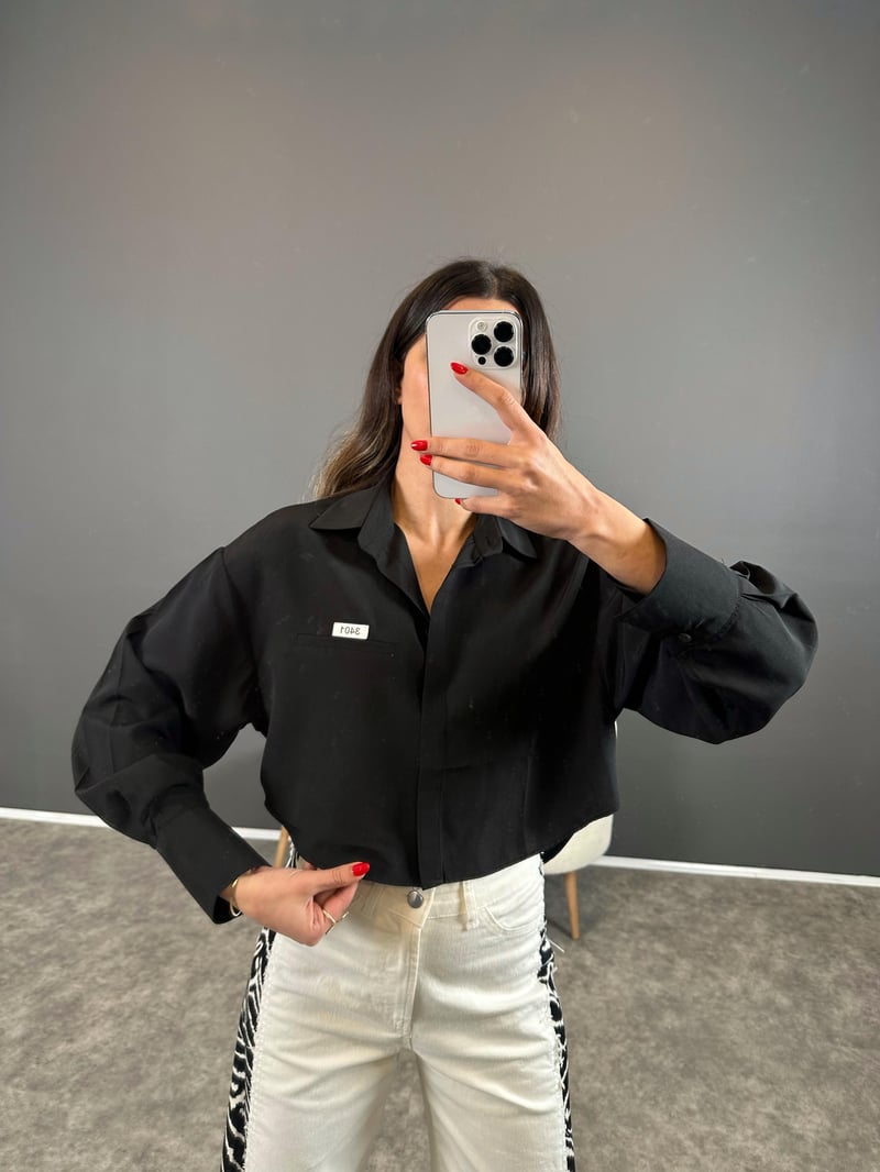 Cardi Siyah Baskılı Crop Gömlek 
