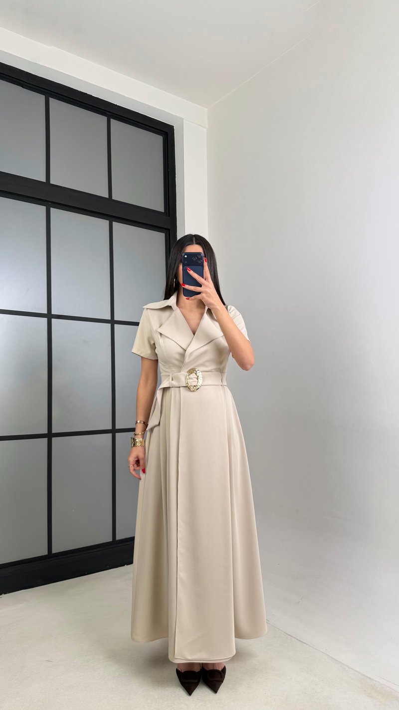 Taş Gold Toka Kuşaklı Krep Kumaş Uzun Elbise GAUS-00974