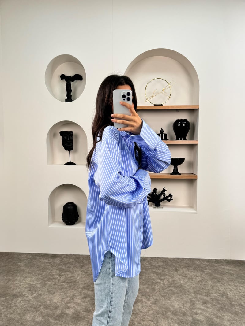Lesa Mavi ZR Model Çizgili Oversize Gömlek