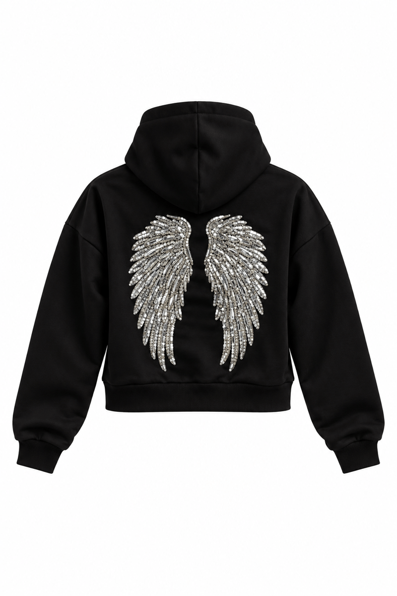 Siyah Kanat İşlemeli Kapüşonlu Sweatshirt GAUS-02052