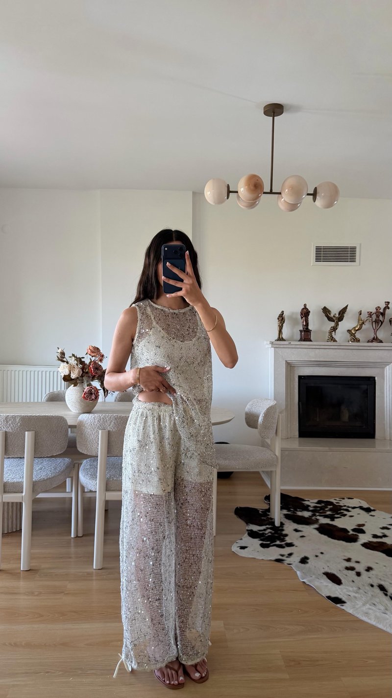 Ekru Muadil Şortlu Pullu Pantolon GAUS-01649