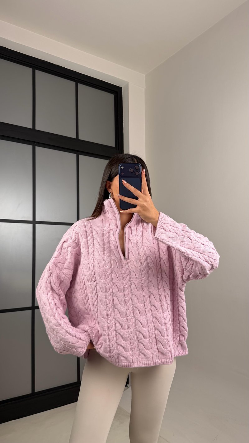 Lila Fermuarlı Saç Örgülü Kazak GAUS-00855