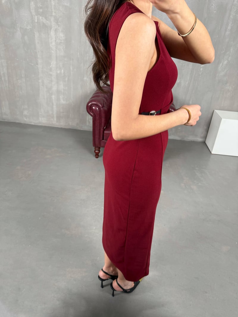 Burgundy Side Mini Belt Detailed Dress Gaus00055